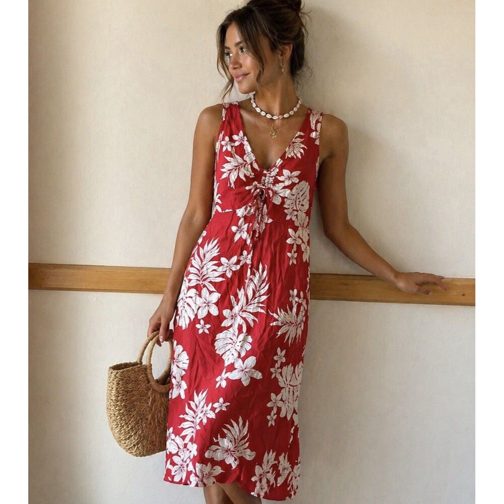 Vintage Hawaiian Red Floral Midi Dress Rayon Sleeveless Tie Front Y2K Size L
